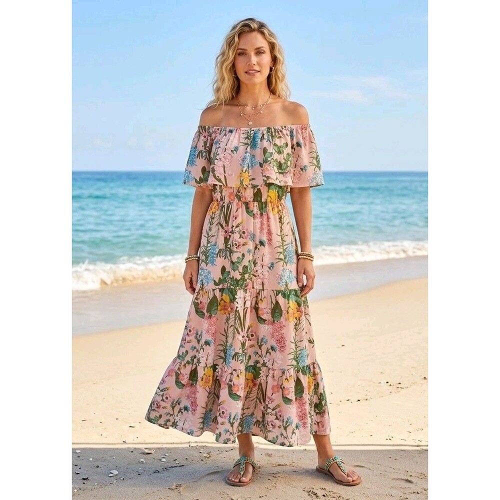 Cato Women's Floral Off-The-Shoulder Maxi Dress Size LP Pink Tiered Boho Summer